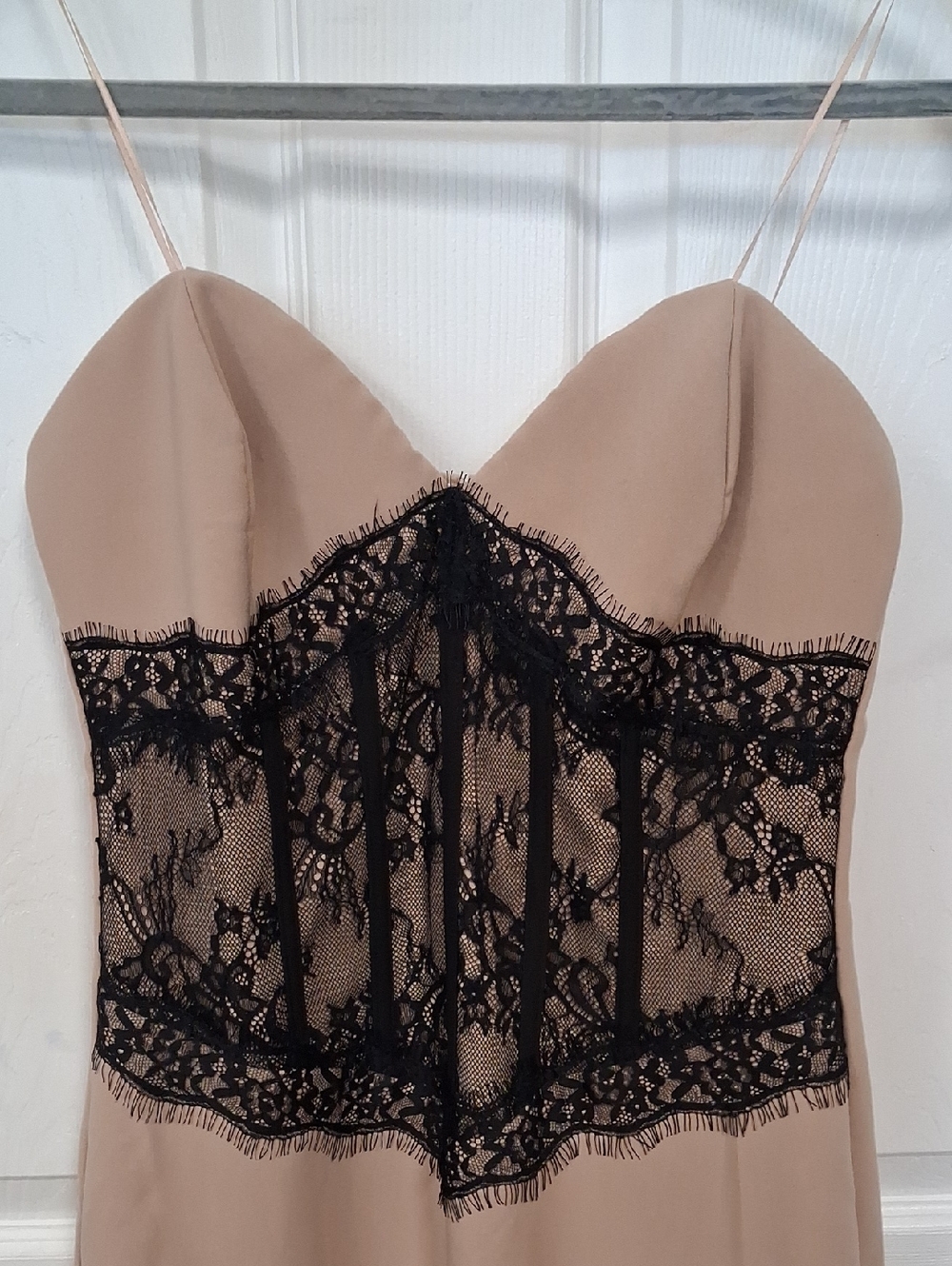 Luxe Beige Slip Dress with Black Lace Bustier Detail